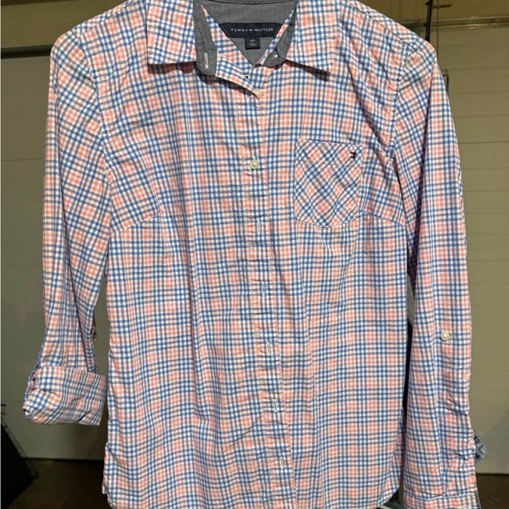 Tommy Hilfiger Women’s Blue and Orange Plaid Shirt